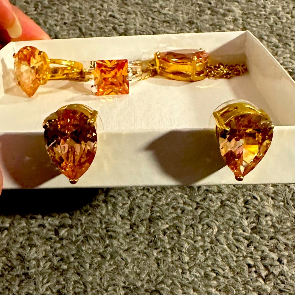 Fun citrine colored stone jewelry gold ring, silver ring, pendant and earrings